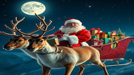Santa Claus with reindeer and gift boxes against full moon backgroundの写真素材