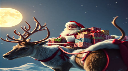 Santa Claus with reindeer and gift boxes against full moon backgroundの写真素材