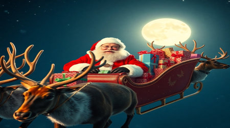 Santa Claus riding a reindeer sleigh with presents against full moonの写真素材