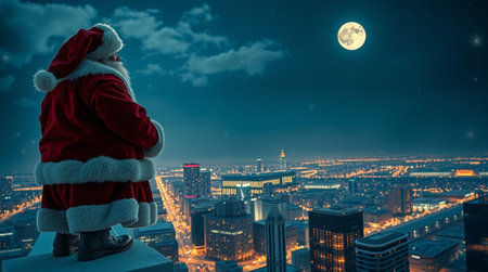 Santa Claus standing on top of building and looking at city at nightの写真素材