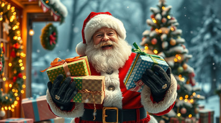 Santa Claus with gift boxes. Christmas and New Year holidays concept.