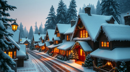 Christmas village in the mountains at night. Beautiful winter landscape with a snowy village.