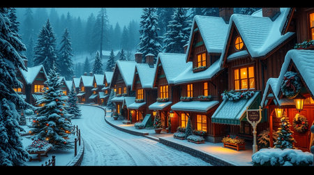 Winter village in the mountains. Wooden houses and snow covered trees.