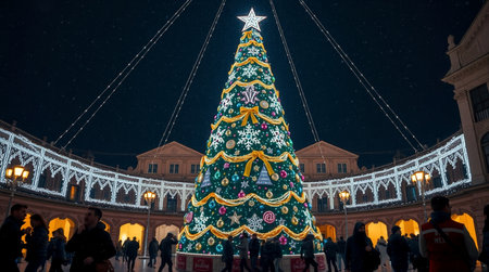 Christmas tree at Plaza de Espana in Madrid, Spainの写真素材