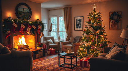 Interior of living room with Christmas tree, fireplace and armchairの写真素材