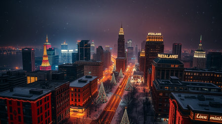 City skyline at night with Christmas tree and skyscrapers, USA.の写真素材