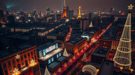 Aerial view of a city at night with Christmas decorations.の写真素材
