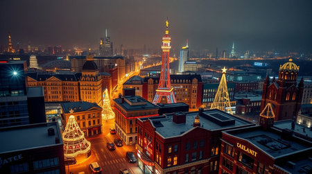 Frankfurt am Main skyline at night with Christmas decorations, Germany.の写真素材