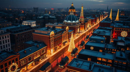 Aerial view of Riga, Latvia at night. Cityscape of Riga old town.の写真素材