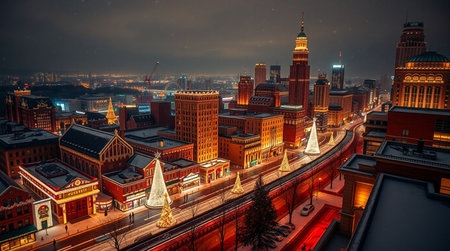 Frankfurt am Main, Germany at night with Christmas tree and train station.の写真素材