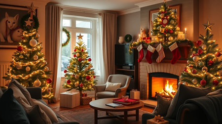 Christmas living room interior with fireplace and christmas tree. 3d renderingの写真素材