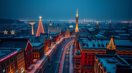 Panoramic view of the city of Berlin at night, Germanyの写真素材