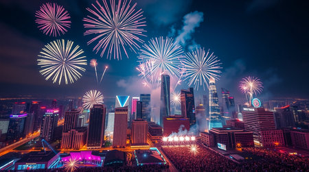 Fireworks over the city at night, Shenzhen, China.