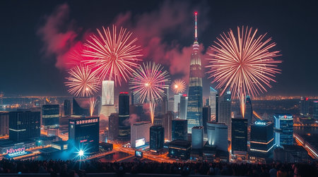 Shanghai skyline with fireworks at night, Shanghai, China.