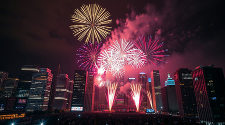 Colorful fireworks display over night cityscape with skyscrapers and buildingsの写真素材