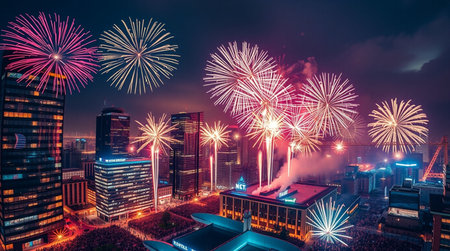 Beautiful fireworks display over the cityscape at night, Bangkok Thailand