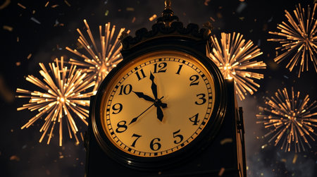 Close up of clock and fireworks. New Year concept. Selective focus.