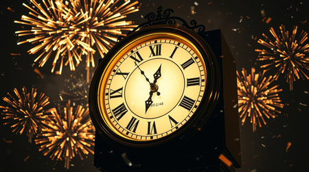 New Year clock with fireworks on dark background, close-up.の写真素材