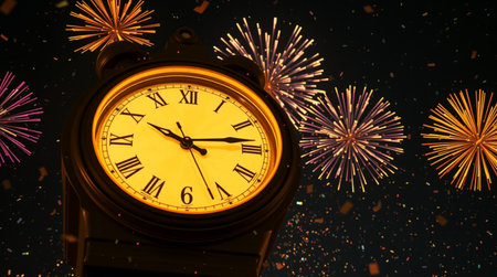 Clock face and fireworks on black background. New Year and Christmas concept