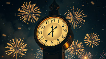 Retro clock and fireworks on dark sky background. New Year concept
