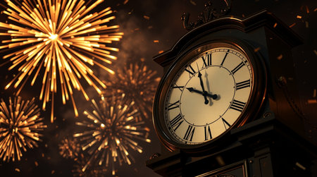 New Year's clock with fireworks in the background (3d render)