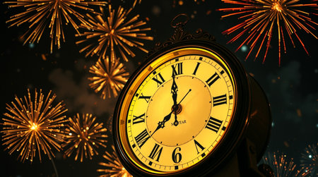 New Year clock and fireworks on dark background. New Year's Eve