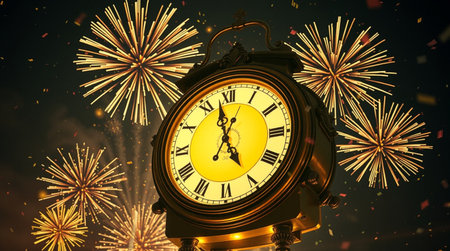 New Year's Eve Fireworks and Classic Clock, 3D Rendering