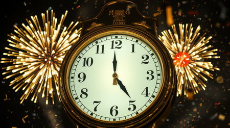 Old clock with fireworks in the background, New Year and Christmas concept