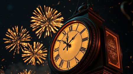 Happy New Year background with clock and fireworks. 3D Rendering