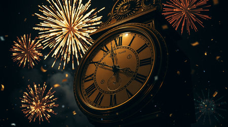Happy New Year and Merry Christmas with clock and fireworks. 3D Rendering