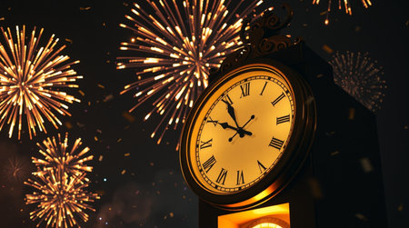 New Year clock and fireworks on dark background. 3D illustration.