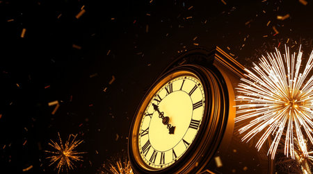 New Year clock and fireworks on dark background. 3D illustration.