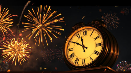 Clock and fireworks at New Year and copy space for your text.
