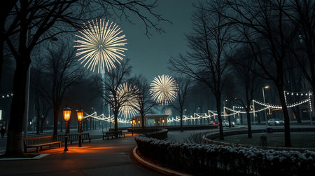 Beautiful fireworks in the city park at night, Moscow, Russia