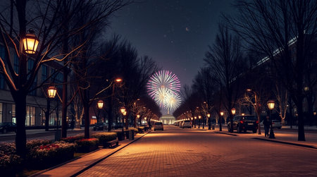 Fireworks on a street in the city at night, Moscow, Russia