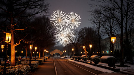 Fireworks over the streets of Vilnius at night, Lithuania