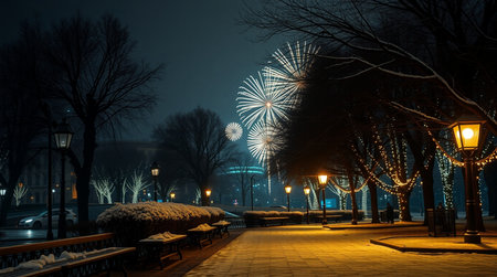 New Year's Eve fireworks in the park in Moscow, Russia.の写真素材