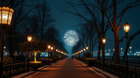 Lanterns and fireworks on the embankment of the river