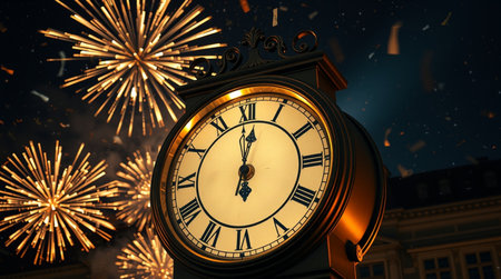New Year clock with fireworks on the background. 3D illustration.
