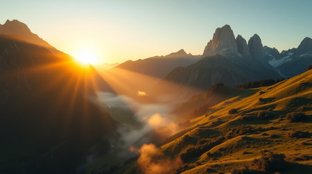 Panoramic view of Dolomites mountains at sunrise, Italy