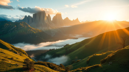 Foggy morning in the Dolomites mountains, Italy.