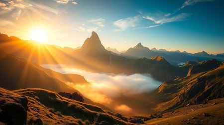 Mountain landscape at sunrise. Panoramaの写真素材