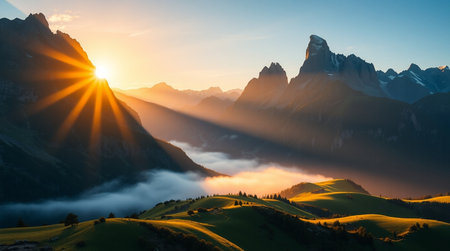 Sunrise. Panoramic view of the valley and mountains.
