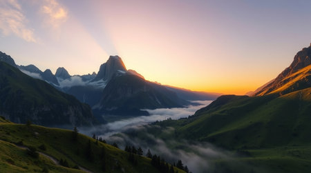 Sunset in the Alps, Switzerland. Panoramic viewの写真素材