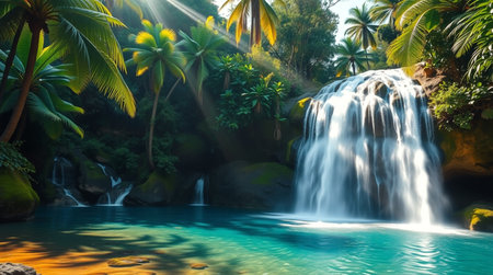 Beautiful waterfall in tropical forest with palm trees on the background.の写真素材