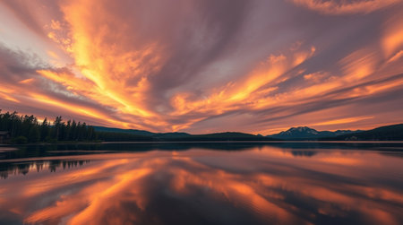 Beautiful sunset over the lake with reflection in the water and mountains