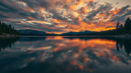 Sunset on the lake with reflection in the water and mountains in the background