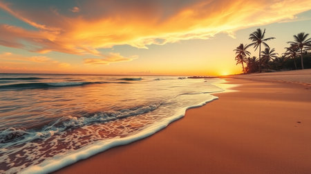 Tropical beach with palm trees at beautiful sunset in Sri Lankaの写真素材