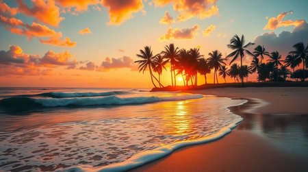 Tropical beach with palm trees at sunset, Sri Lanka.の写真素材