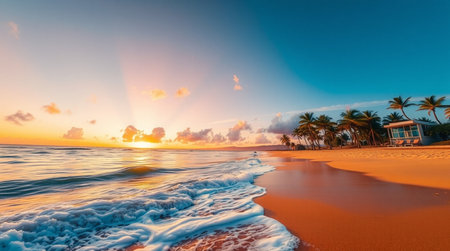 Beautiful sunset on the tropical beach. Panoramic view.